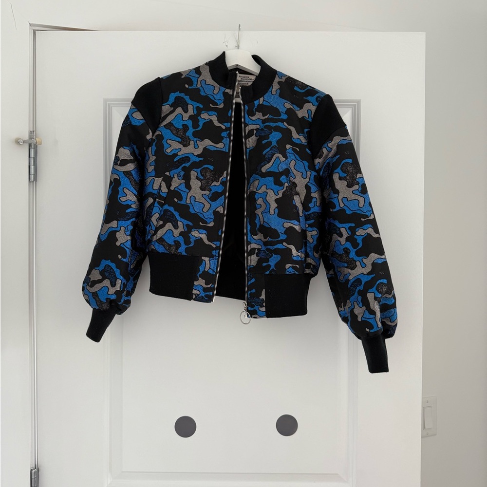 Blue and Black Camouflage Bomber Jacket with Ribbed Trim